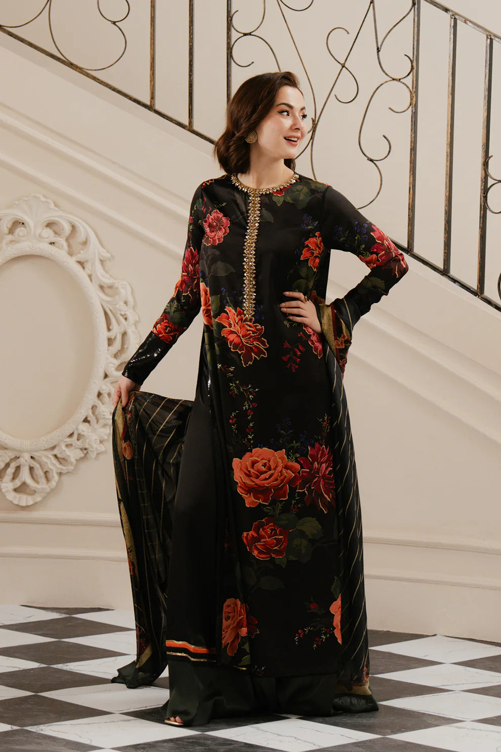 Unzir Long – Black Floral Dress 3pcs