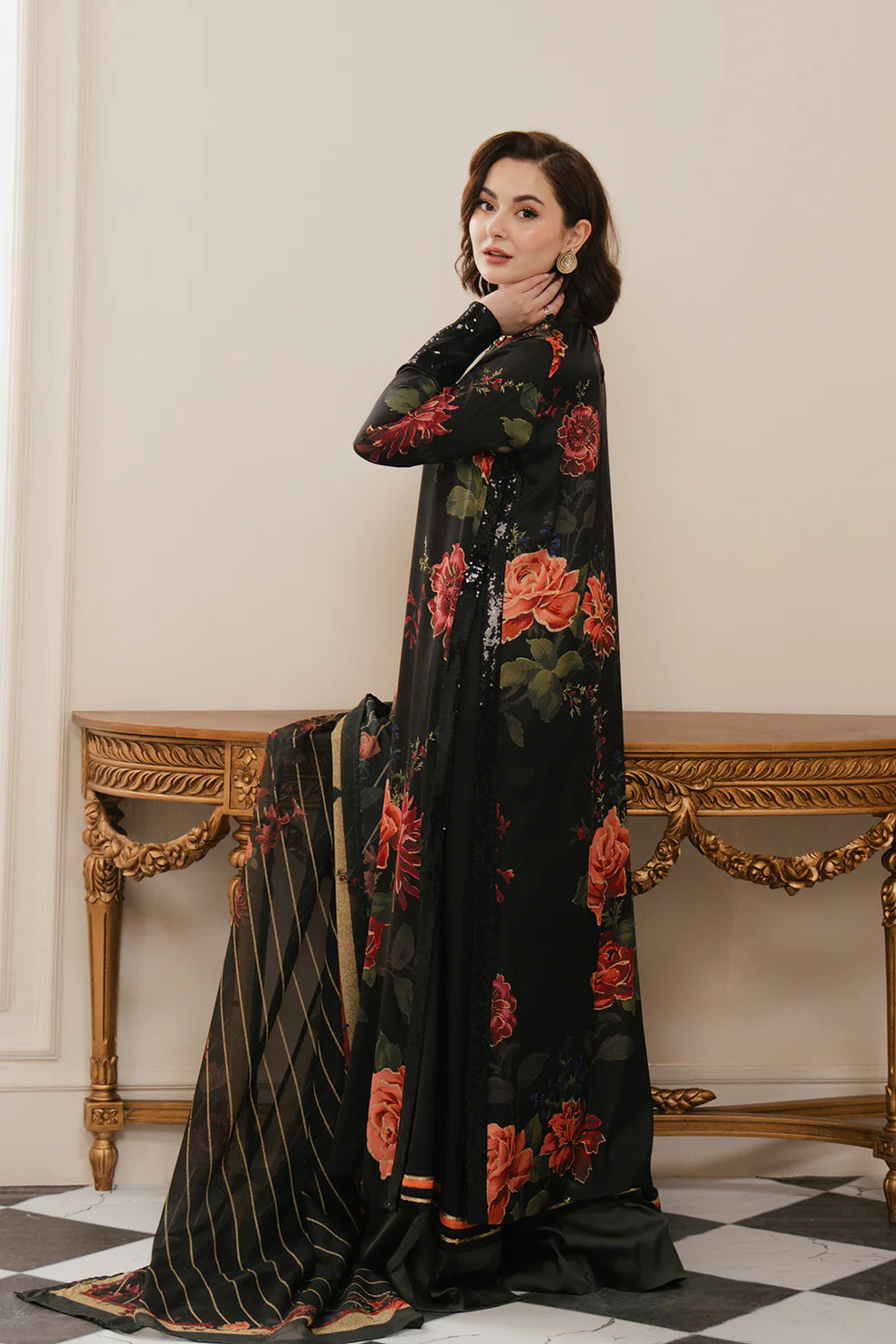 Unzir Long – Black Floral Dress 3pcs