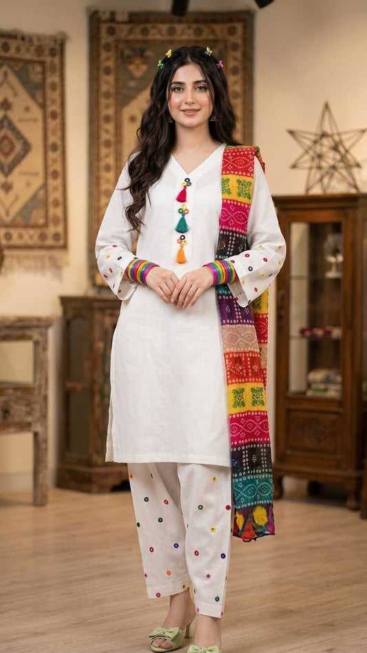 Viral Mirror Work 3 PCs White Suit Lawn Bareeze GC-A68