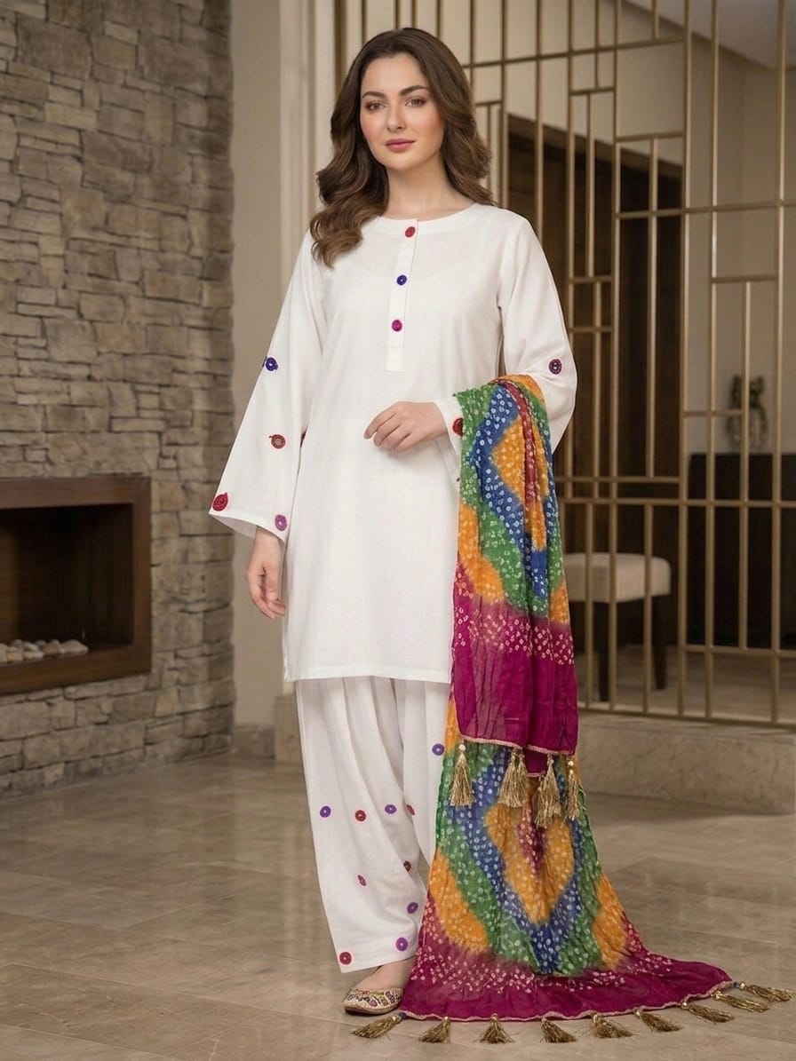 Viral Mirror Work 3 PCs White Suit Lawn Bareeze GC-A68