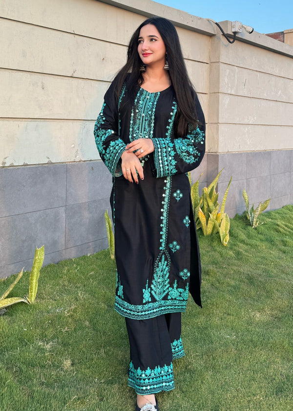 Embroidered 2pcs  black dress