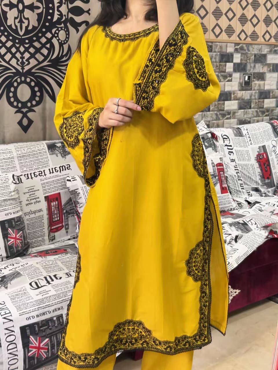 Embroidered 2pcs Mustard